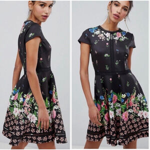 Ted Baker Dress London Daissie Florence Trim Fit Flare Black Floral Skater 4/10